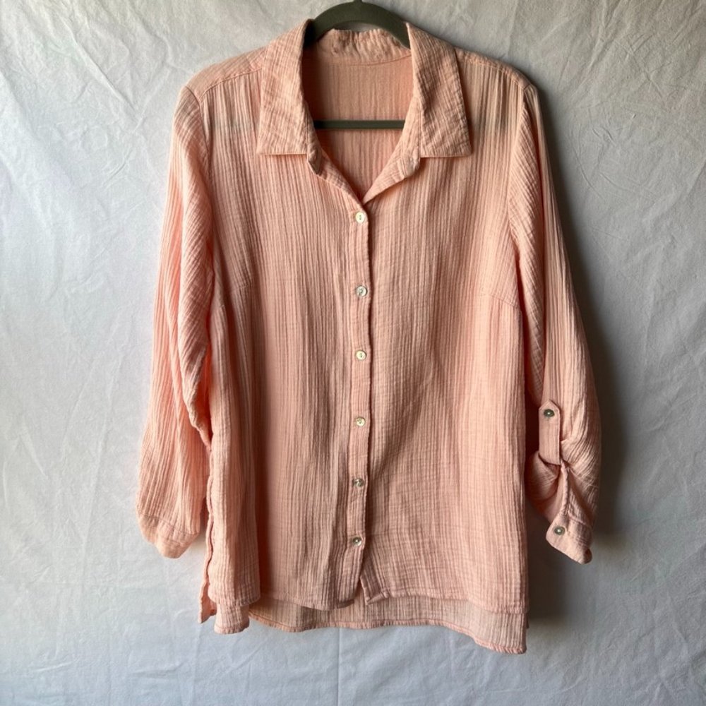 No Tags, Largish Pink Gauzy Button Down Top, Long Sleeve (adjustable)